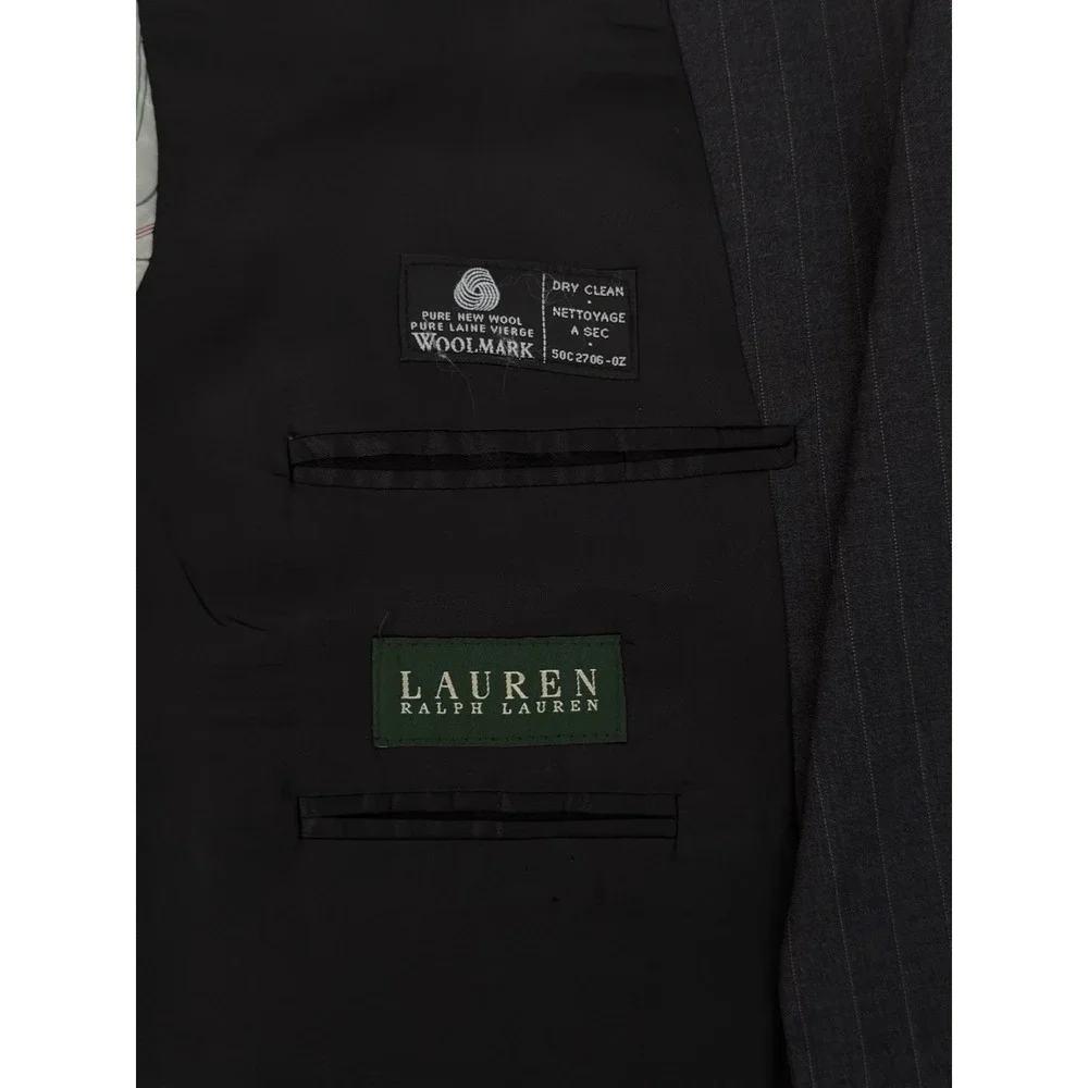 Ralph Lauren Mens Blazer Sports Jacket Coat Suit Size 46L Striped Dark Grey Wool